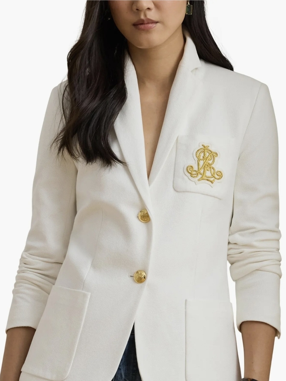 Lauren Ralph Lauren Bullion Jacquard Logo Patch Cotton Blend Blazer White